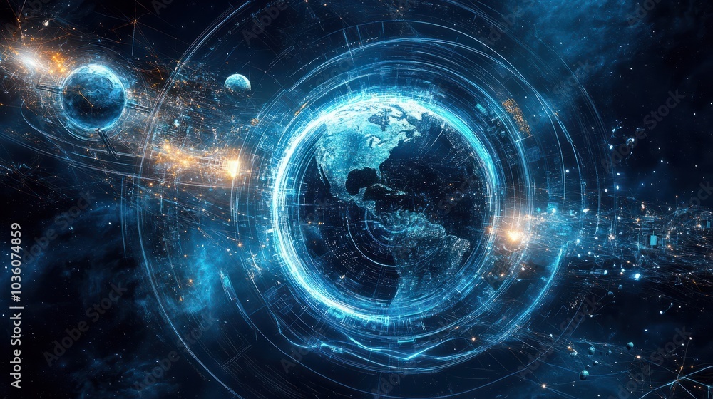 Fototapeta premium Futuristic technology. stars and planets around the globe earth, advanced technological concept