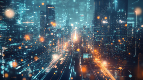 Wallpaper Mural A futuristic city at night, glowing with lights and connections. It represents the Internet of Things (IoT), smart technology, and super-fast networks. Torontodigital.ca