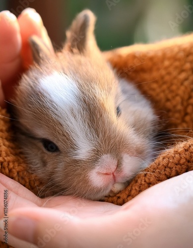  手のひらに収まるほどの小さな赤ちゃんうさぎが、毛布の上で丸まって寝ている。ふわふわの毛と小さな耳がとても愛らしく、優しい光が差し込む中で、安心した表情を浮かべながらスヤスヤと眠っている