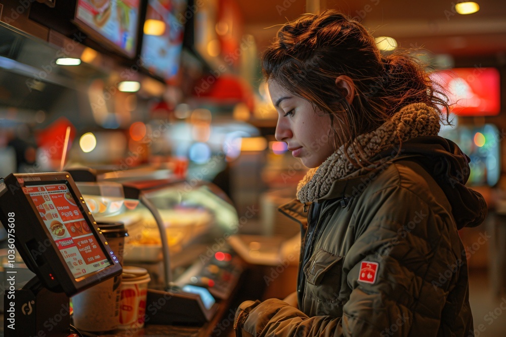 Fototapeta premium A young woman stands at a digital kiosk in a bustling fast-food restaurant, contemplating her order while surrounded by vibrant menu displays and the dinner rush ambiance