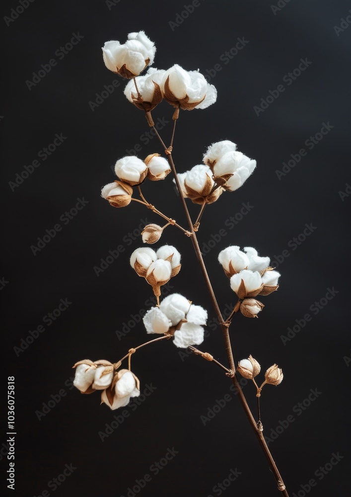 Natural Dry Cotton Branch stand on black background with a large copy space