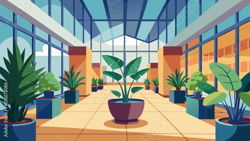 Lush potted plants are strategically p throughout the atrium adding a touch of nature to the modern space.