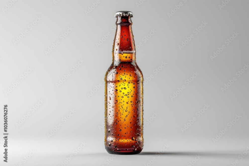 Close-up of an amber beer bottle against a neutral studio background. Close-up of an amber beer bottle against a neutral studio background.