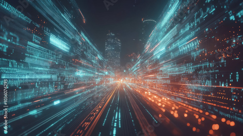 A futuristic digital world with fast connections, artificial intelligence, and virtual reality. It's all about communication, massive data, and the speed of information.