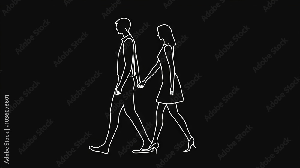 A monochrome illustration depicts a man and a female strolling adjacent on a dark backdrop, against a black foreground A monochrome illustration depicts a man and a female strolling adjacent on a dark backdrop, against a black foreground