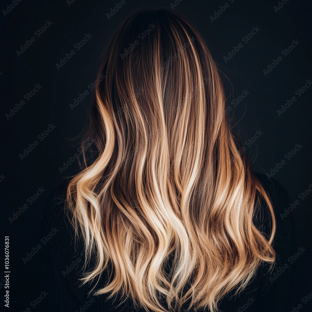 Bayalage hair style on a model, black clothing, isolated on black. Beautiful shiny wavy long hair, hairstylist look book. Bayalage hair style on a model, black clothing, isolated on black. Beautiful shiny wavy long hair, hairstylist look book.