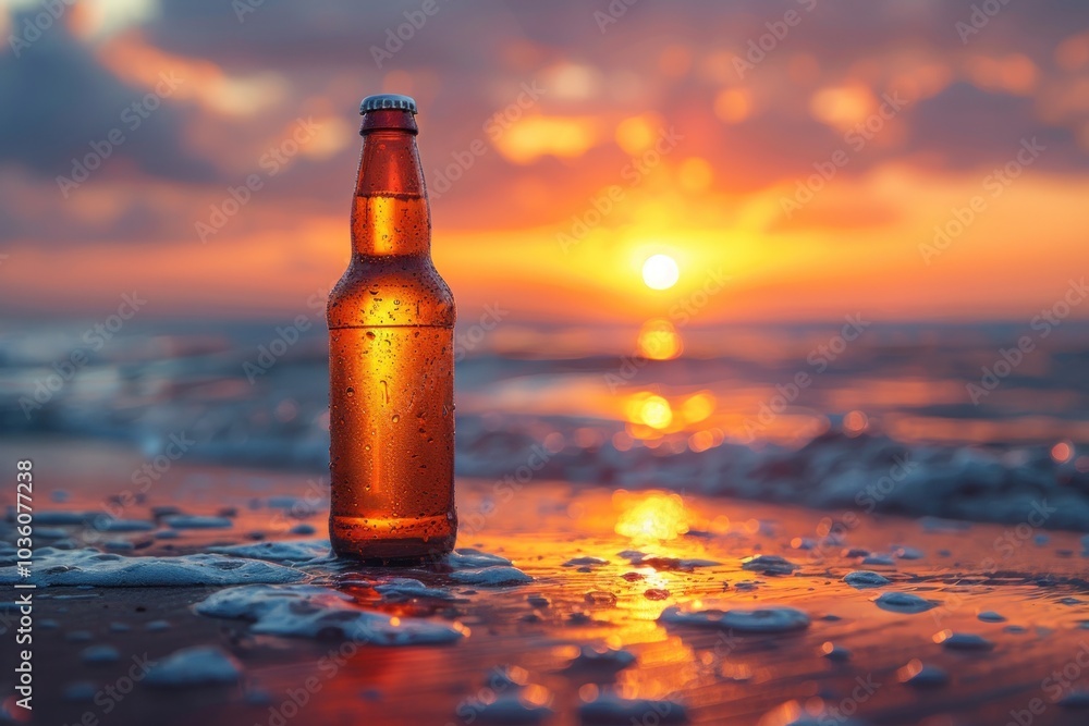 Amber beer mockup with a backdrop of rolling ocean waves. Amber beer mockup with a backdrop of rolling ocean waves.
