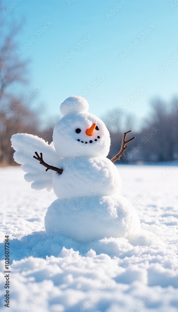 Cheerful snowman with a friendly expression and twig arms standing in a snowy field under a clear blue sky Cheerful snowman with a friendly expression and twig arms standing in a snowy field under a clear blue sky
