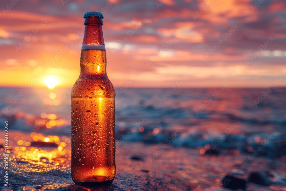 Amber beer mockup with a backdrop of rolling ocean waves. Amber beer mockup with a backdrop of rolling ocean waves.