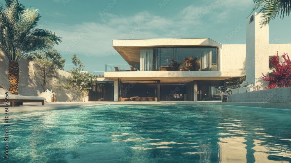 Fototapeta premium Modernist beachfront villa with infinity pool.