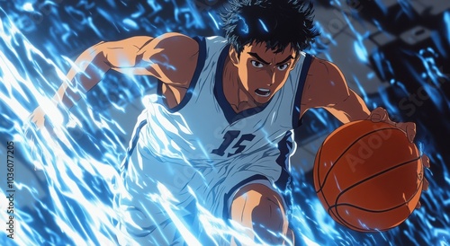 Animated male basketball player in action, dribbling intensely on a dynamic, energy-filled court.