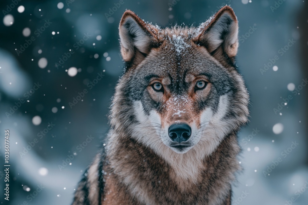 A majestic wolf stands in a dreamy winter scene. Snowflakes gently fall around it. This stunning image captures the beauty of nature and wild life. Generative AI A majestic wolf stands in a dreamy winter scene. Snowflakes gently fall around it. This stunning image captures the beauty of nature and wild life. Generative AI
