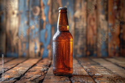 Aesthetic beer mockup with a lit bar interior in the background. photo