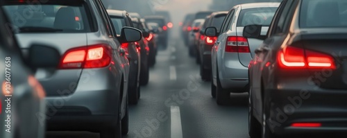 Car emitting exhaust in a traffic jam under a smog-filled sky, symbolizing the environmental impact of urban transportation