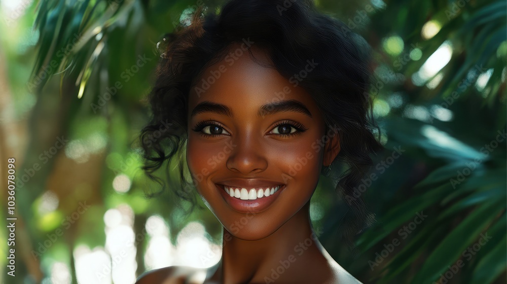 Radiating joy and beauty a closeup portrait showcases a cheerful African American woman with dark skin wavy hair and a captivating face She poses in a tropical villa : Generative AI Radiating joy and beauty a closeup portrait showcases a cheerful African American woman with dark skin wavy hair and a captivating face She poses in a tropical villa : Generative AI