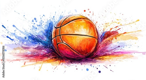 Vibrant watercolor illustration of a basketball with colorful splashes.