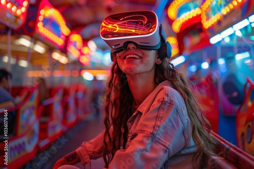 The woman enjoys an immersive virtual reality experience in a vibrant arcade filled with glowing lights. Her excitement is evident as she explores the digital environment