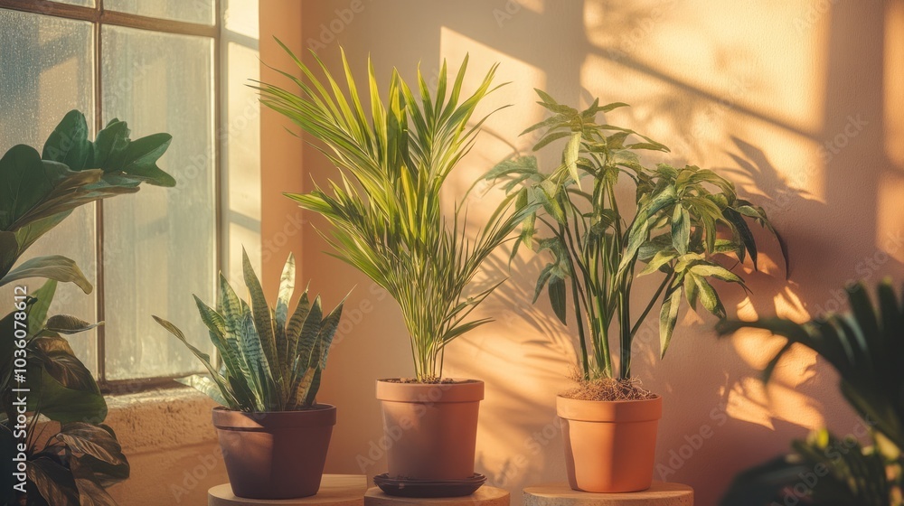 Three potted plants in sunlight Three potted plants in sunlight