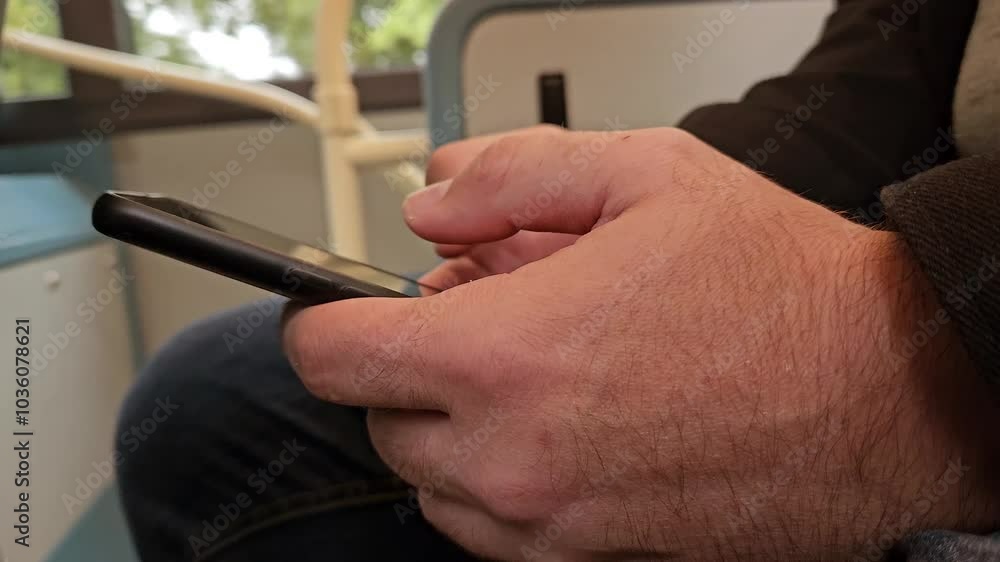 Young man using smartphone on bus. Close up shot. Runs fingers over touchpad. Playing online game on phone in train. Public transport. Close up of male hands checking emails and browsing internet on