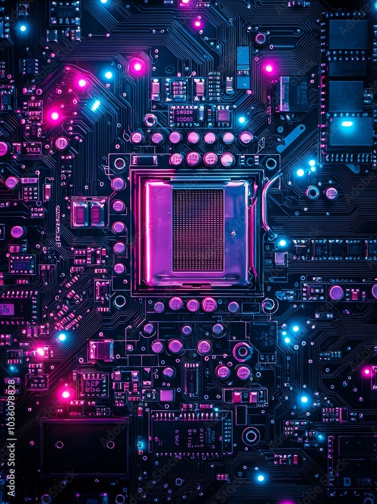 Fototapeta premium The desktop of a processor sits on the motherboard of a personal computer. Illuminated by blue neon light, the desktop has the contacts facing up. Computer parts, repairs, and new technologies are