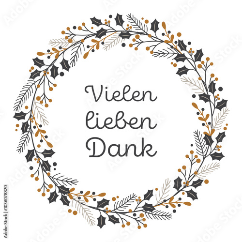 Vielen lieben Dank - Schriftzug in deutscher Sprache. Grußkarte mit einem Kranz aus Winterzweigen in Gold und Grautönen.