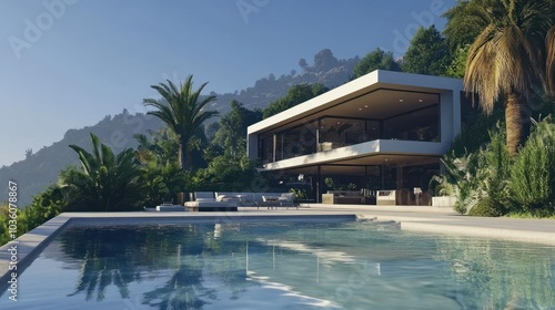 Wallpaper Mural Sleek modern home with large swimming pool and lush garden, perfect for relaxation and luxury living. Torontodigital.ca