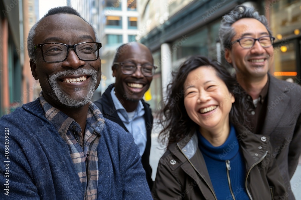 Portrait of happy group of diverse senior friends standing in city street Portrait of happy group of diverse senior friends standing in city street