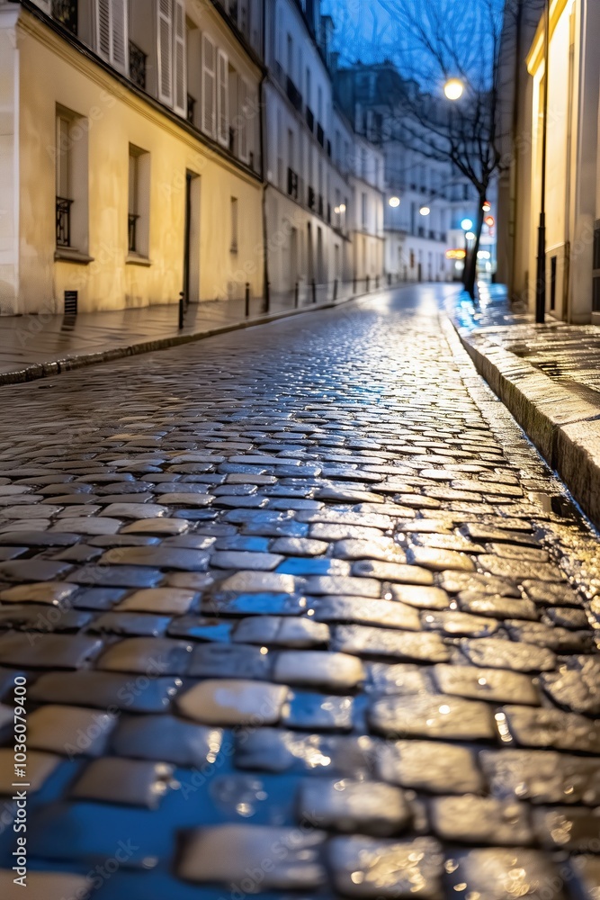 Fototapeta premium An Enchanting Evening Stroll Along the Rain-Soaked Cobblestone Streets of Paris