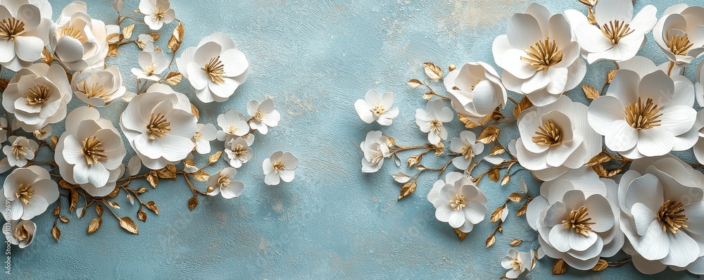Elegant 3D paper art of floral wall hanging with delicate white flowers and intricate details on a soft blue background Elegant 3D paper art of floral wall hanging with delicate white flowers and intricate details on a soft blue background
