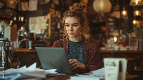 A woman is sitting at a table with a laptop in front of her