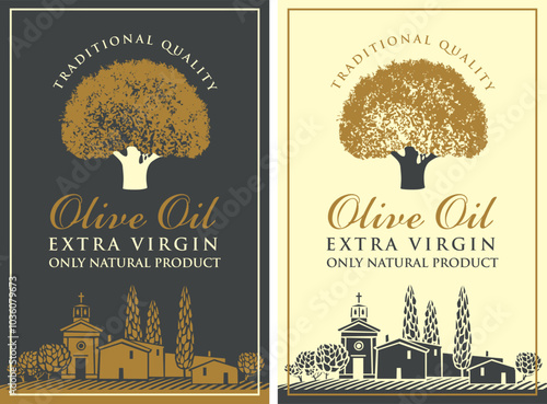 Vector banner or label for extra virgin olive oil with olive tree, calligraphic inscription and with Italian or Greece countryside landscape in retro style.