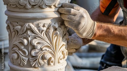 A detailed shot of a craftsman carving intricate details on a stone pillar for a historic restoration project, Stone carving scene, Artisanal and historical preservation style