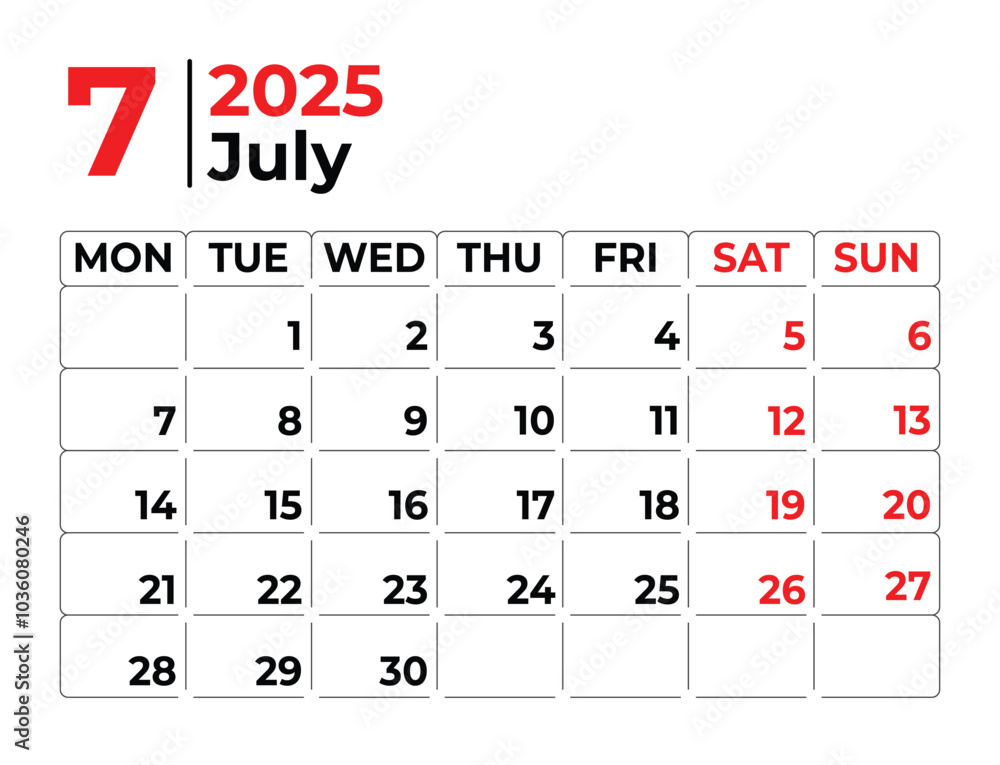 July 2025 Monthly Calendar design with clean look and week starts from monday July 2025 Monthly Calendar design with clean look and week starts from monday