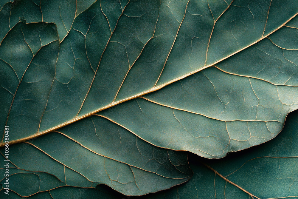 Obraz premium Detailed close-up of lush green leaves showcasing unique textures and patterns, capturing the essence of nature's beauty