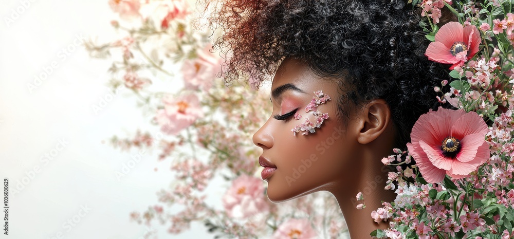 Elegant beauty portrait with floral elements for an online store advertising luxury skincare products and cosmetics Elegant beauty portrait with floral elements for an online store advertising luxury skincare products and cosmetics
