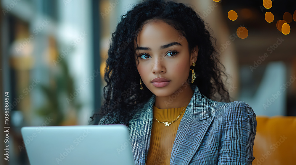 A woman with long hair is sitting in front of a laptop A woman with long hair is sitting in front of a laptop