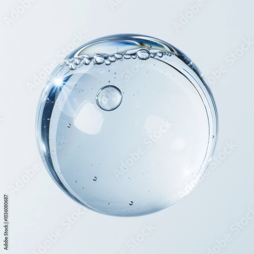 Glycerin gel texture. Water drop. Blue serum toner drop isolated on white background. Liquid moisturizing gel with bubbles macro