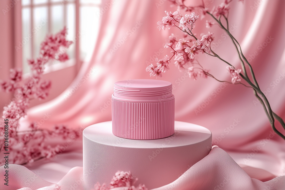 Blush pink skincare cream jar elegantly displayed with cherry blossoms on soft pink drapery in a serene setting Blush pink skincare cream jar elegantly displayed with cherry blossoms on soft pink drapery in a serene setting