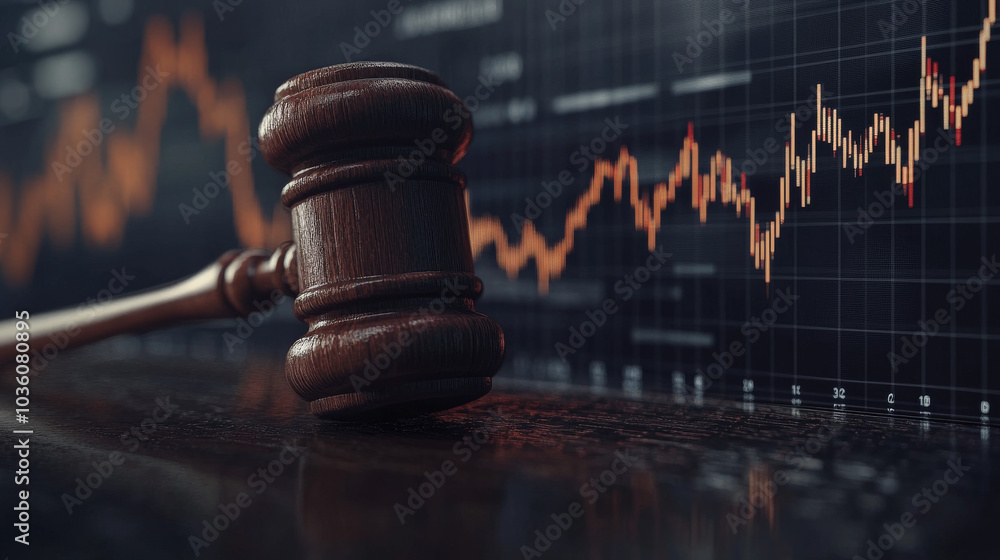 A judge's hammer and a stock market graph represent the connection between law and the world of finance. A judge's hammer and a stock market graph represent the connection between law and the world of finance.