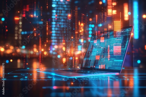 A futuristic illustration of a laptop in neon colors. Suitable for covers  wallpapers  and other modern projects.