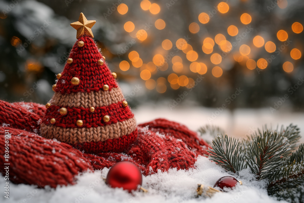 A handcrafted festive Christmas tree centerpiece with ornaments on a snowy backdrop illuminated by golden bokeh lights A handcrafted festive Christmas tree centerpiece with ornaments on a snowy backdrop illuminated by golden bokeh lights