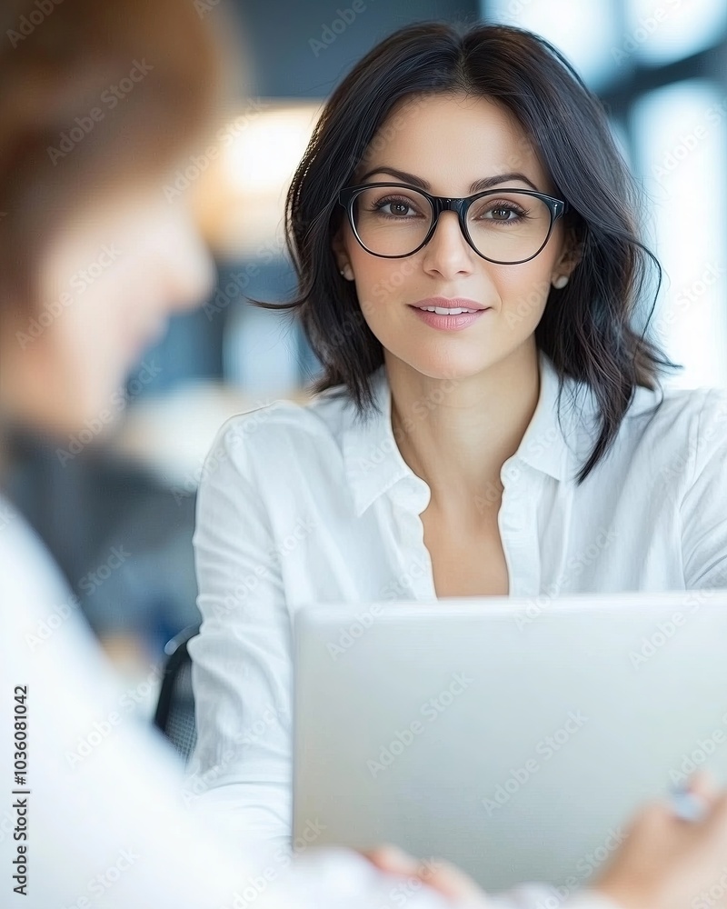 Professional Woman in Glasses Engaged in a Discussion at a Modern Office Setting Professional Woman in Glasses Engaged in a Discussion at a Modern Office Setting