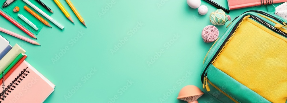 School accessories with a bag on a green background with copy space. Ready for school concept. 3D rendering, 3D illustration. School accessories with a bag on a green background with copy space. Ready for school concept. 3D rendering, 3D illustration.