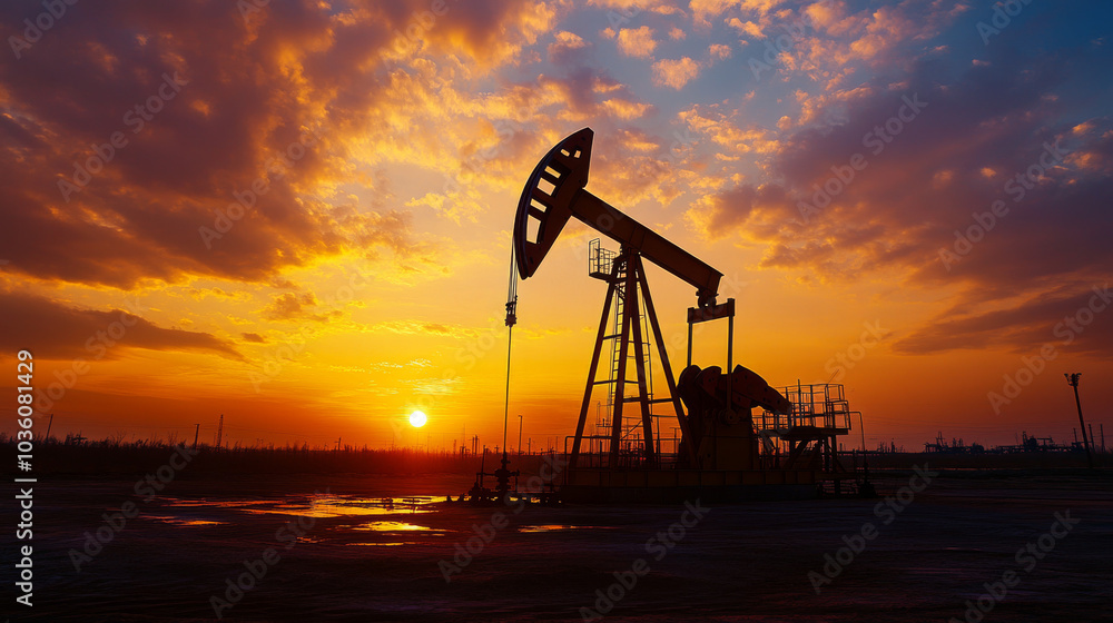 A large pump used in oil production is working at an oil field as the sun sets. A large pump used in oil production is working at an oil field as the sun sets.