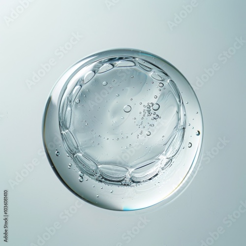 Glycerin gel texture. Water drop. Blue serum toner drop isolated on white background. Liquid moisturizing gel with bubbles macro