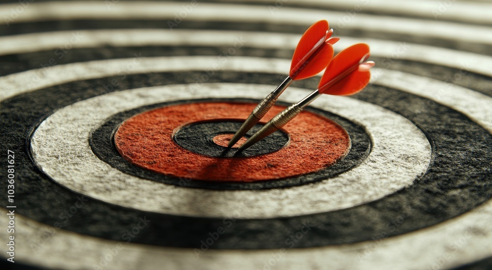 Two darts perfectly hitting the bullseye on a dartboard, symbolizing precision and accuracy. Two darts perfectly hitting the bullseye on a dartboard, symbolizing precision and accuracy.