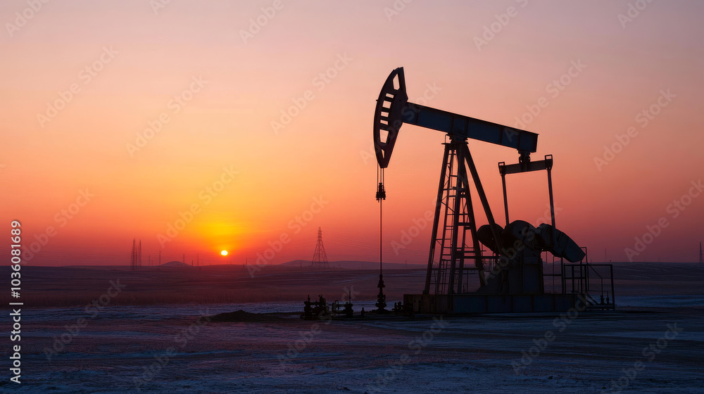 A large pump used in oil production is working at an oil field as the sun sets. A large pump used in oil production is working at an oil field as the sun sets.
