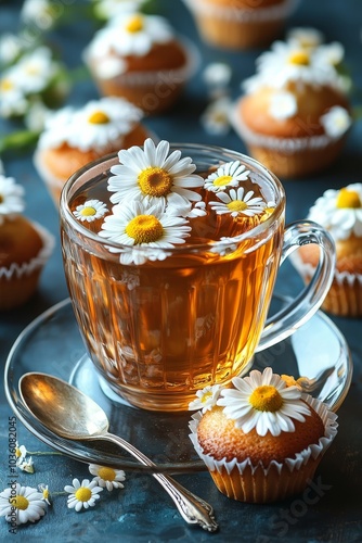 Delicate tea with daisies and cupcakes arranged beautifully on a wooden table