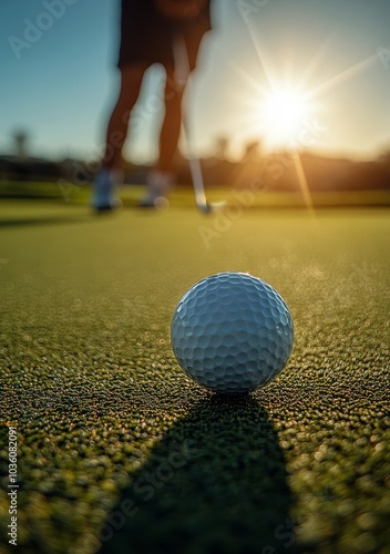 A golfer prepares to putt as the sun sets over the green in a serene evening ...