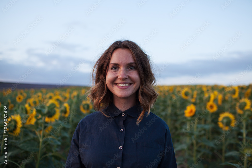 Close up portrait of a Young beautiful happy smiling woman in a field of sunflowers Close up portrait of a Young beautiful happy smiling woman in a field of sunflowers